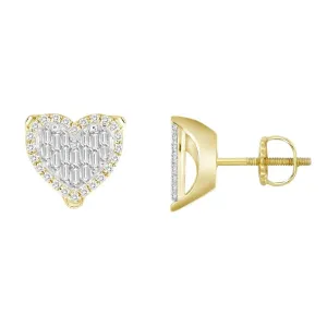 0.33cttwDiamond Baguette / Round Stud Heart Earrings 10k Yellow Gold Screw back