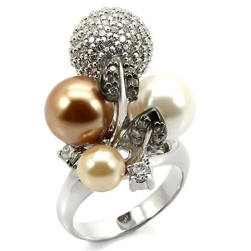 0W296 - Rhodium   Ruthenium Brass Ring with Synthetic Pearl in Multi Color