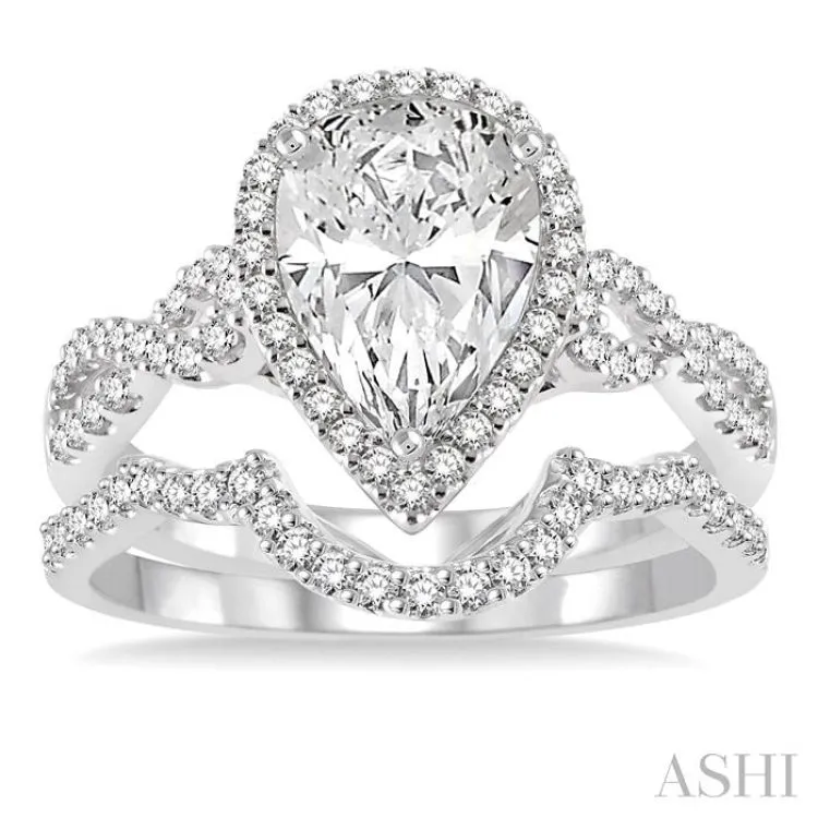 1 1/3 Ctw Diamond Wedding Set With 1 1/6 Ctw Pear Shape Engagement Ring and 1/6 Ctw Arched Wedding Band in 14K White Gold