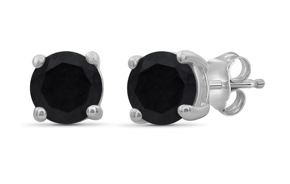 10k White Gold Plated Created Black Sapphire 1/2Ct Round Stud Earrings