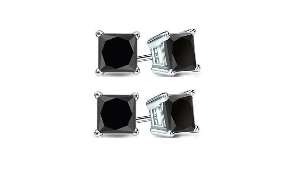 10k White Gold Plated Created Black Sapphire 4Ct Princess Cut Pack of Two Stud Earrings