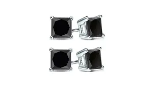 10k White Gold Plated Created Black Sapphire 4Ct Princess Cut Pack of Two Stud Earrings