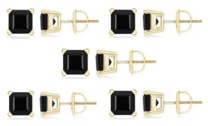 10k Yellow Gold Plated Created Black Sapphire 1Carat Square Cut Pack of Five Stud Earrings