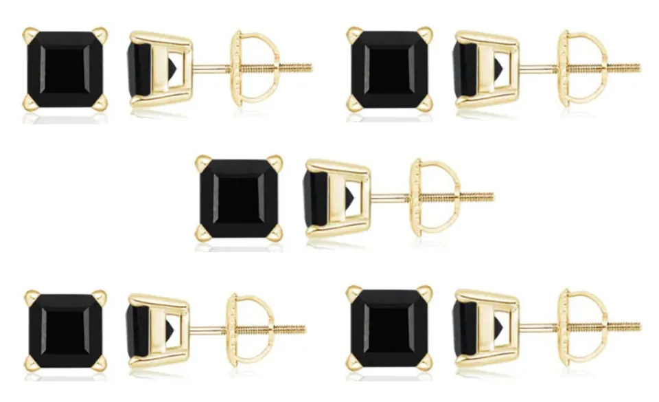 10k Yellow Gold Plated Created Black Sapphire 2Carat Square Cut Pack of Five Stud Earrings