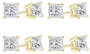 10k Yellow Gold Plated Created White Sapphire 2 Carat Princess Cut Pack of Four Stud Earrings