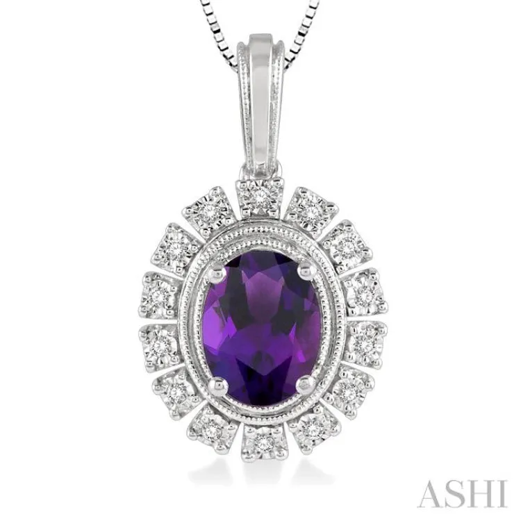 1/10 Ctw Oval Shape 8x6 MM Amethyst & Round Cut Diamond Semi Precious Pendant With Chain in 10K White Gold