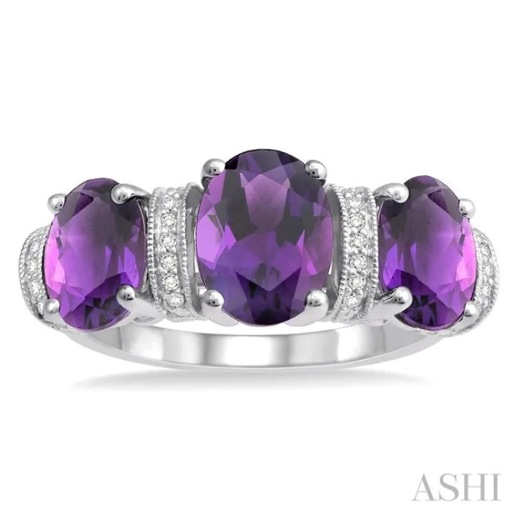 1/10 Ctw Round cut Diamond and Tri Mount Oval Cut 8x6mm & 7x5mm Amethyst Semi Precious Ring in 10K White Gold