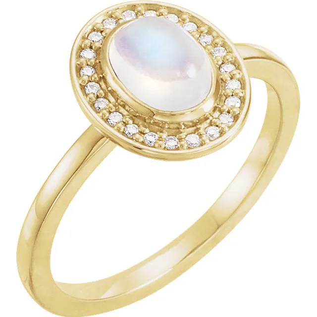 14k Gold Oval Rainbow Moonstone Diamond Halo Ring - White, Yellow or Rose or Platinum