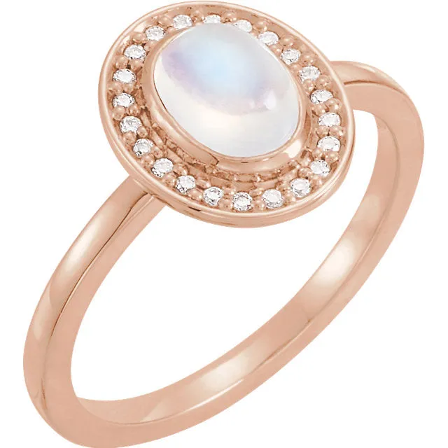 14k Gold Oval Rainbow Moonstone Diamond Halo Ring - White, Yellow or Rose or Platinum