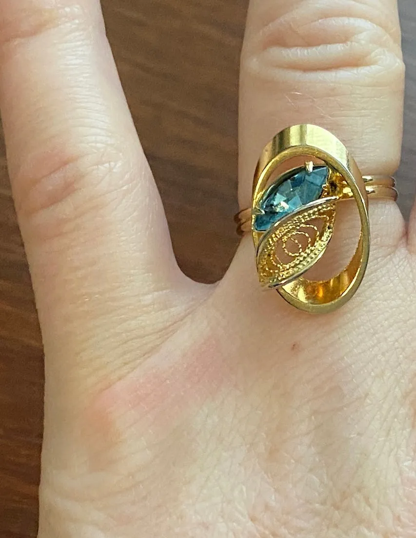 14k Gold Overlay Blue Rhinestone Cocktail Ring Adjustable