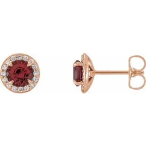 14K Rose 5 mm Natural Mozambique Garnet & 1/8 CTW Natural Diamond Earrings