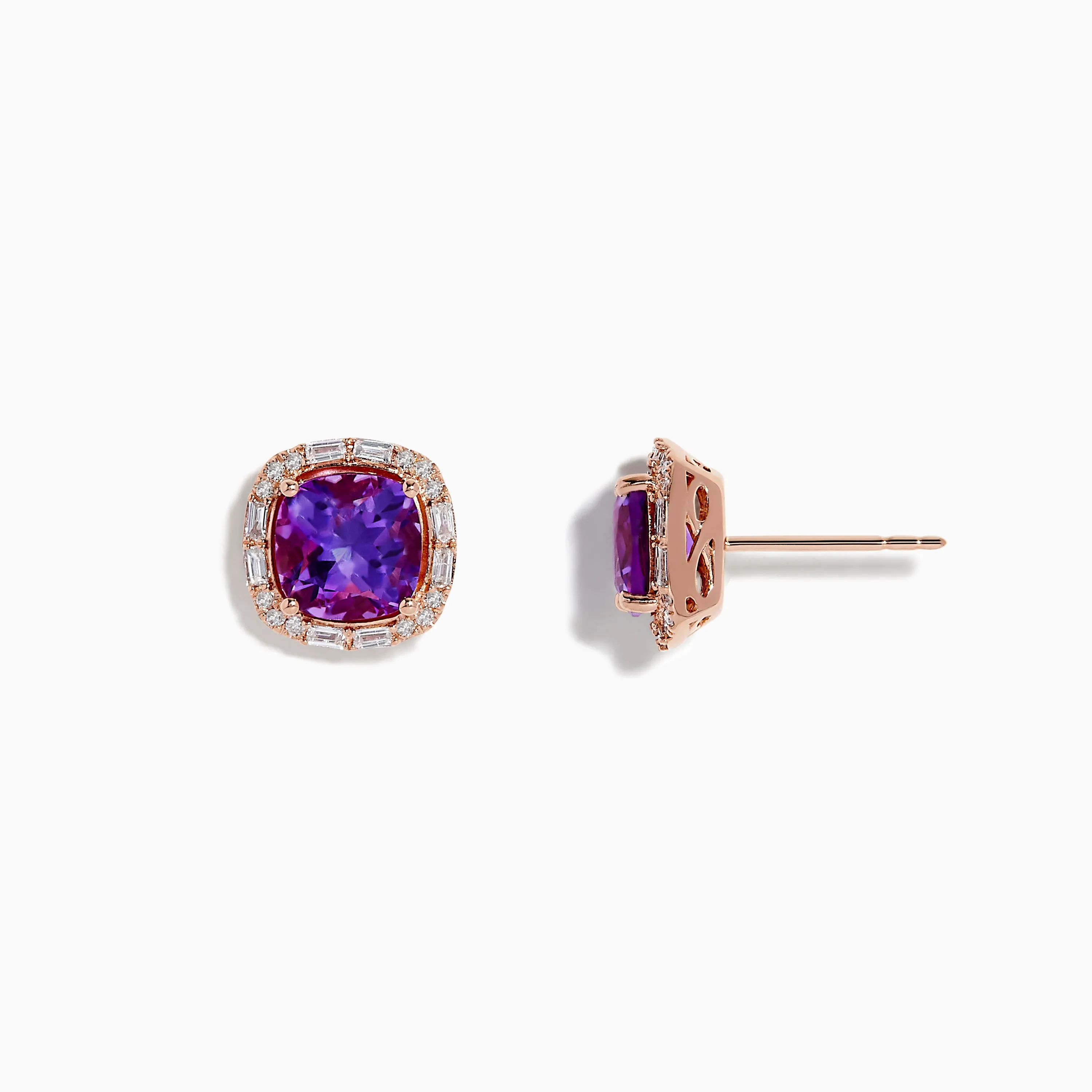 14K Rose Gold Amethyst and Diamond Stud Earrings