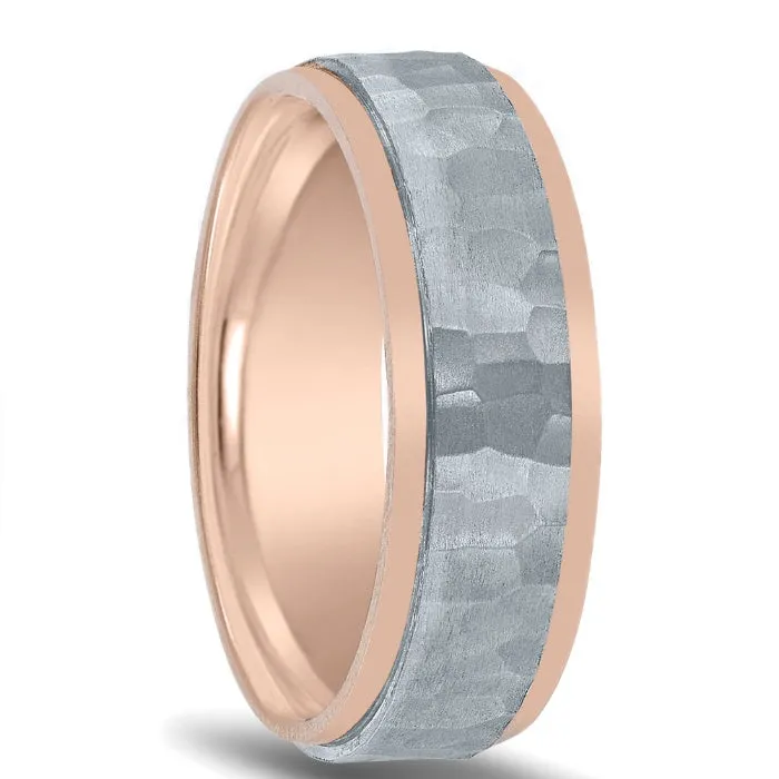 14K Rose Gold Mens Wedding Band Hammered White Gold Center