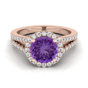 14K Rose Gold Round Brilliant Amethyst Halo Center with French Pave Split Shank Engagement Ring -3/8ctw