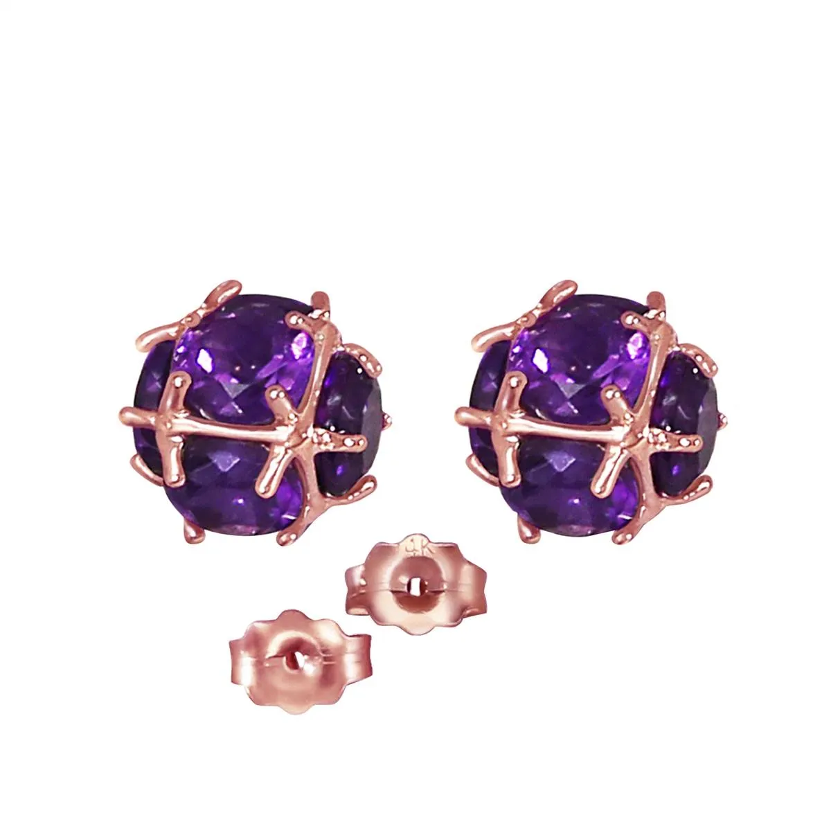 14K Solid Rose Gold Stud Earrings Natural Amethyst Gemstone