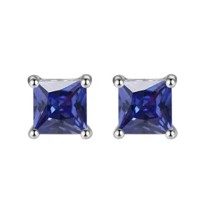 14k White Gold Plated 1 Ct Square Cut Created Blue Sapphire Stud Earrings