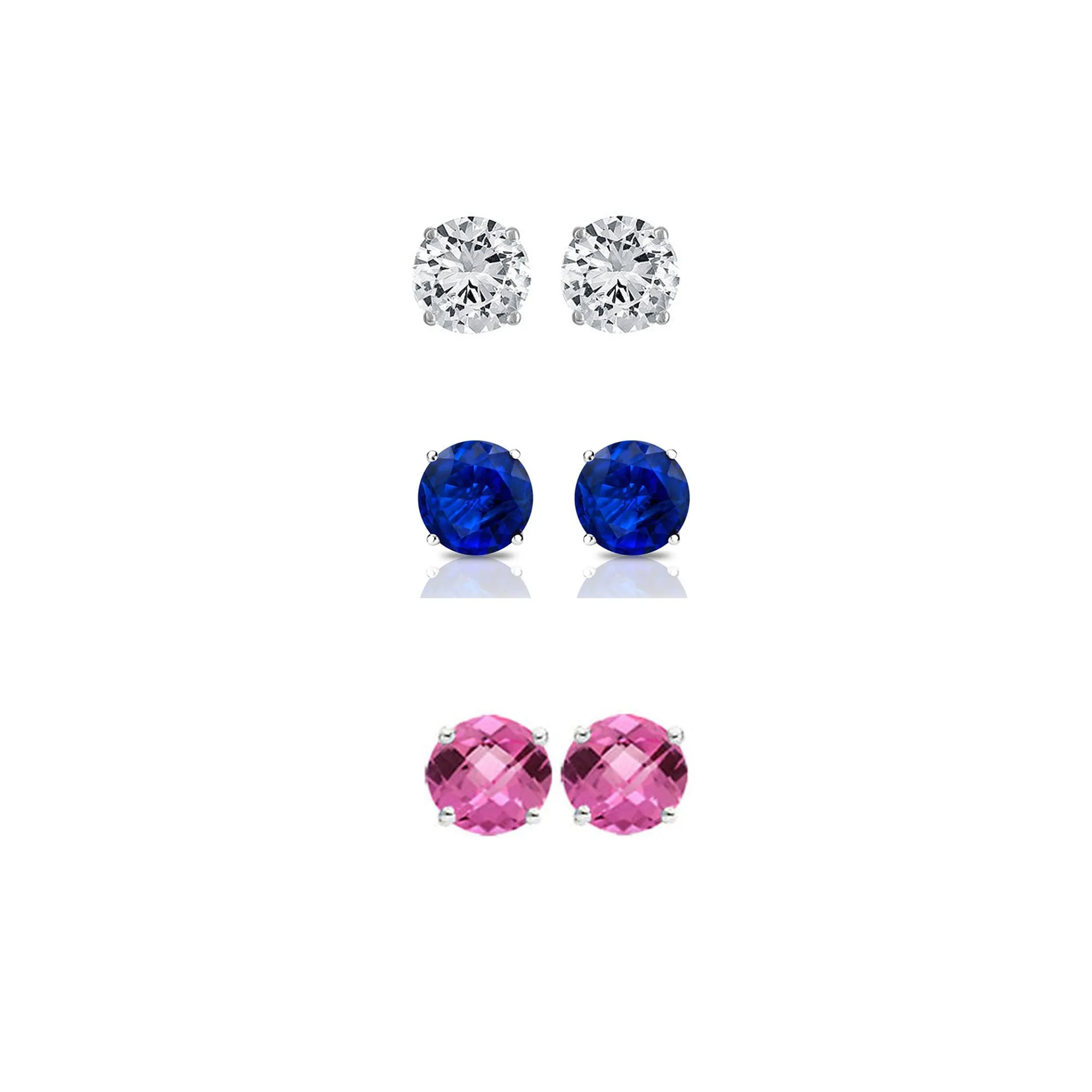 14k White Gold Plated 1/2Ct Created White Sapphire, Blue Sapphire and Pink Sapphire 3 Pair Round Stud Earrings