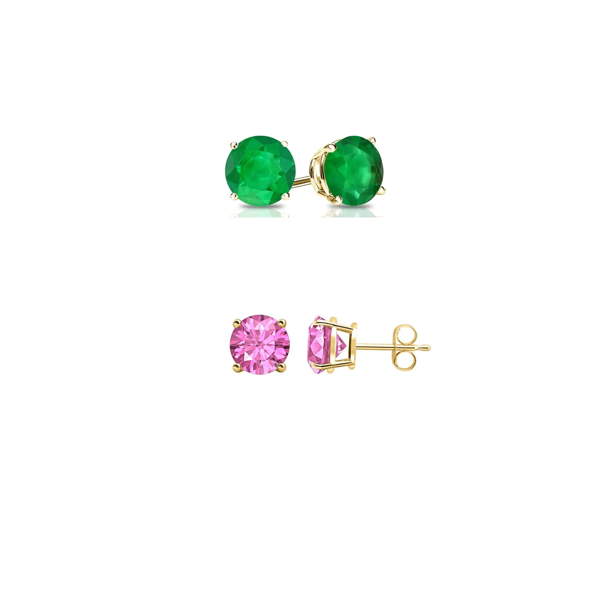 14k Yellow Gold Plated 1/2Ct Created Emerald and Pink sapphire 2 Pair Round Stud Earrings