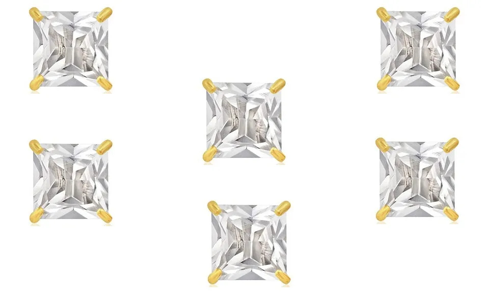 14k Yellow Gold Plated 1/2Ct Square Cut White Sapphire Set Of Three Stud Earrings