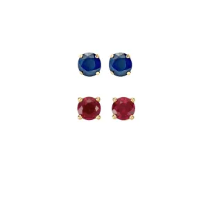 14k Yellow Gold Plated 1Ct Created Blue sapphire and  Ruby 2 Pair Round Stud Earrings