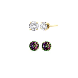 14k Yellow Gold Plated 2Ct Created White Sapphire and Mystic Topaz 2 Pair Round Stud Earrings