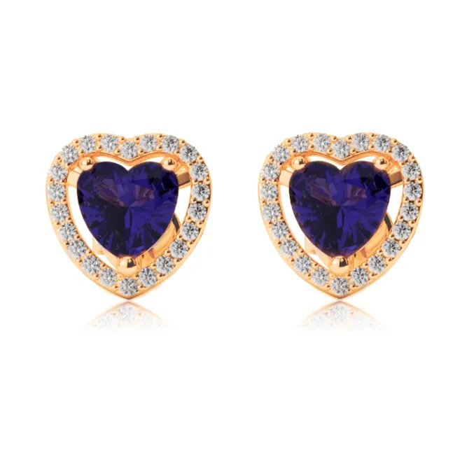 14k Yellow Gold Plated 3 Ct Created Halo Heart Blue Sapphire Stud Earrings