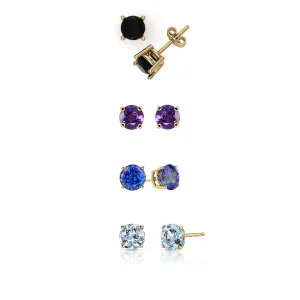 14k Yellow Gold Plated 4Ct Created Black Sapphire, Amethyst, Tanzanite and Aquamarine 4 Pair Round Stud Earrings