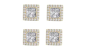 14k Yellow Gold Plated 6mm 2Ct Square Cut White Sapphire Set of Two Halo Stud Earrings