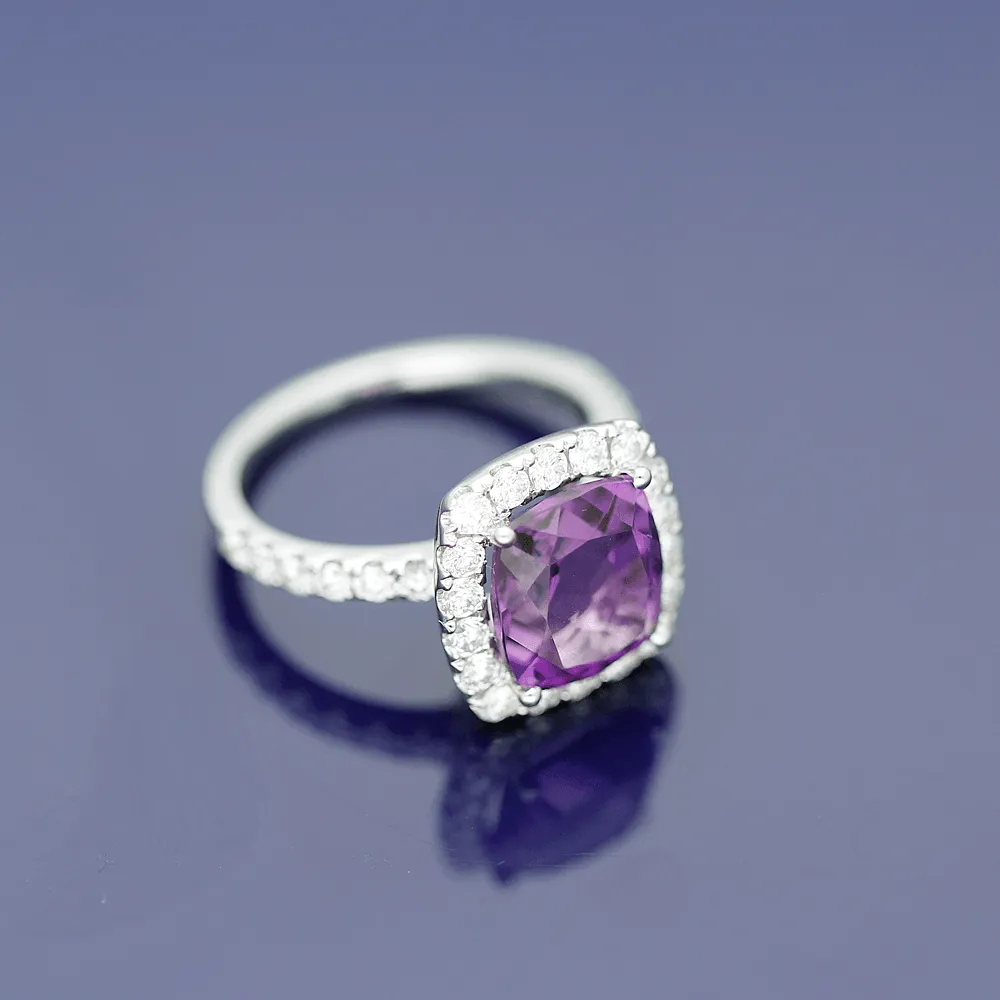 18ct White Gold Amethyst and Diamond Halo Ring