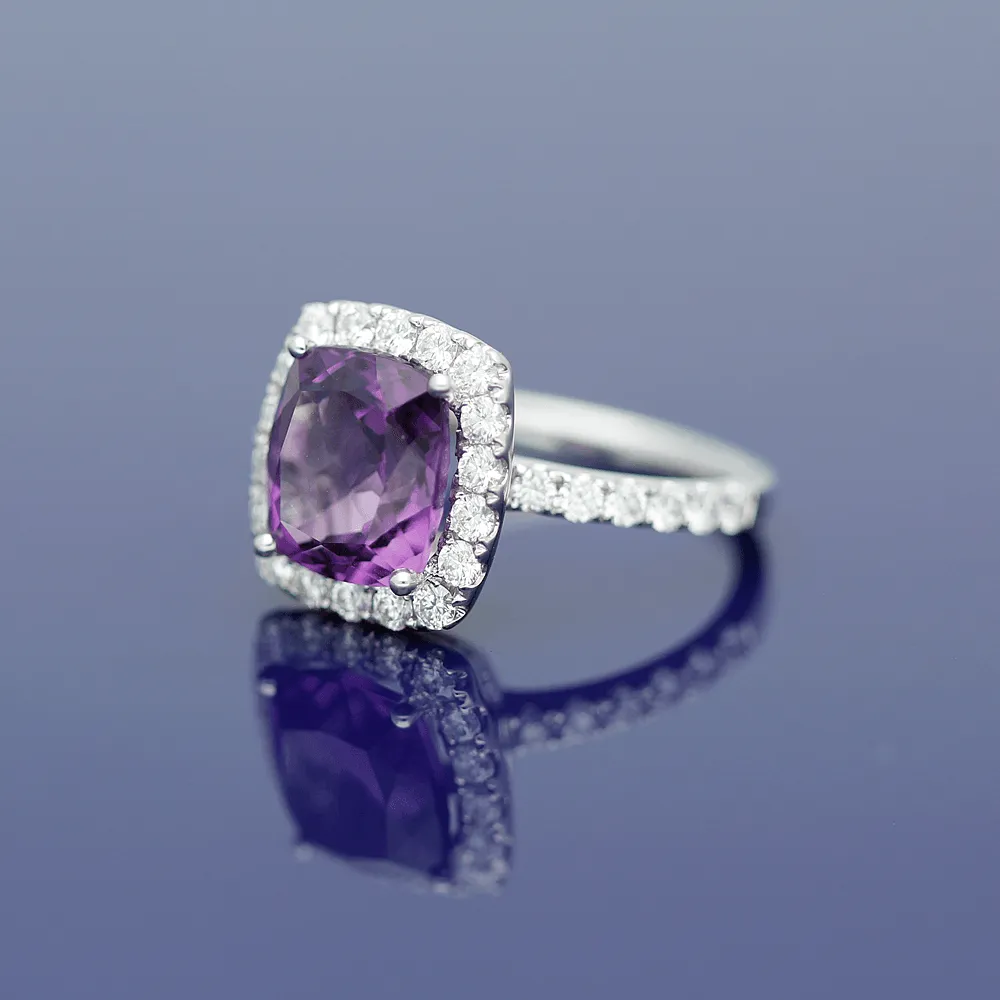 18ct White Gold Amethyst and Diamond Halo Ring