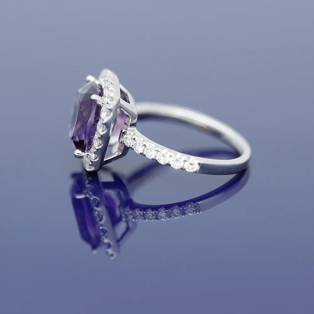 18ct White Gold Amethyst and Diamond Halo Ring