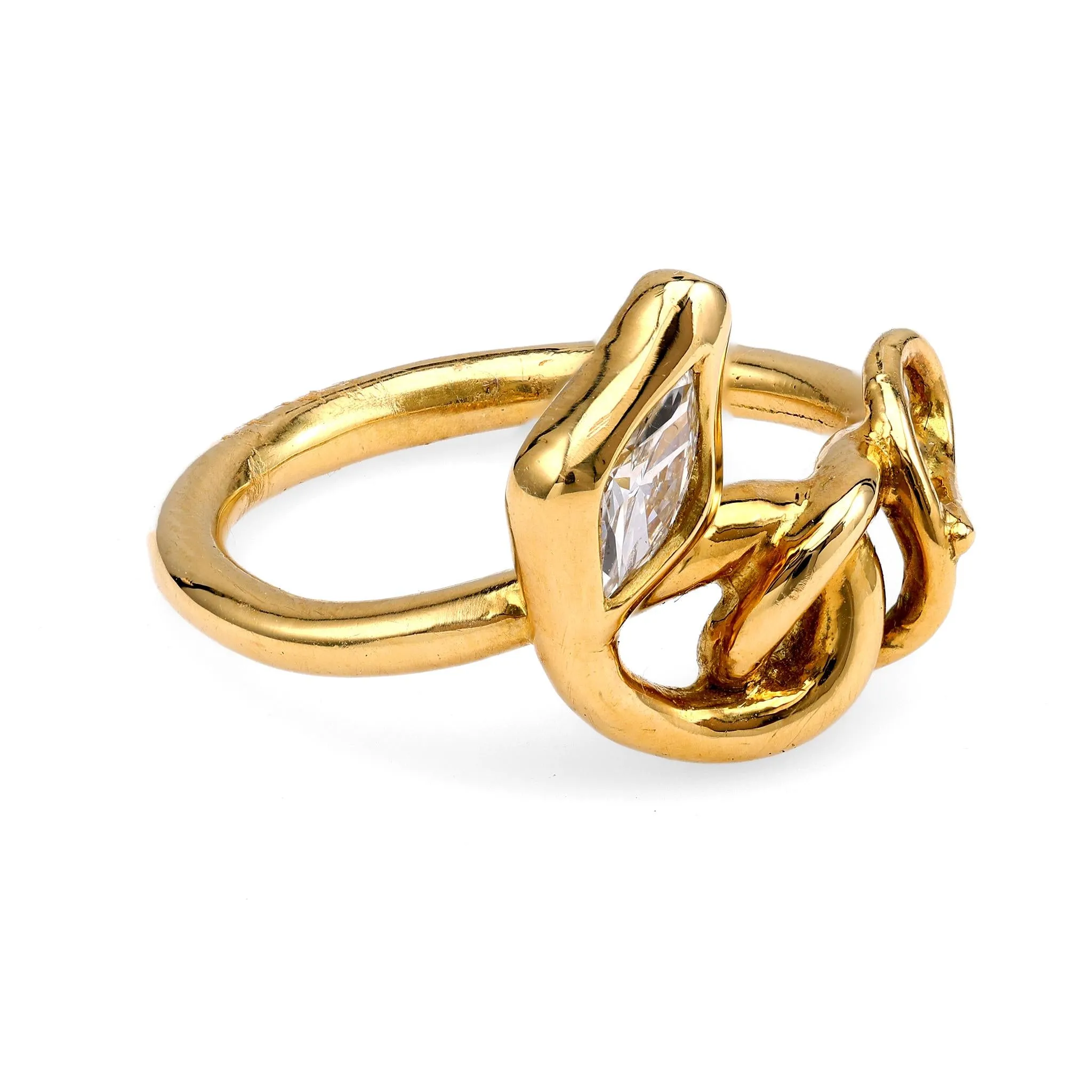 18k Gold Snake Ring with Marquise Diamond