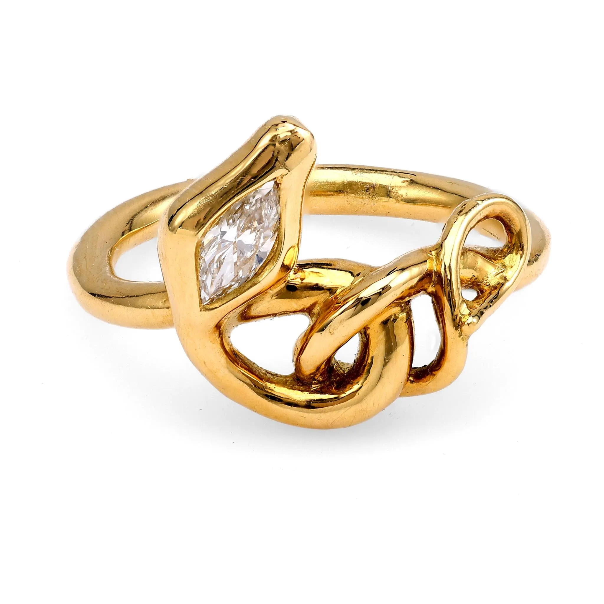 18k Gold Snake Ring with Marquise Diamond