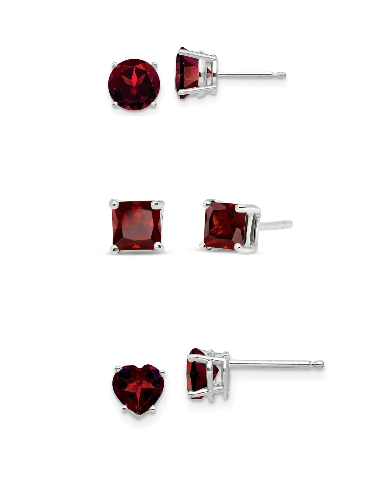 18k White Gold Plated 1Cttw 7mm Created Garnet 3 Pair Round, Square and Heart Stud Earrings