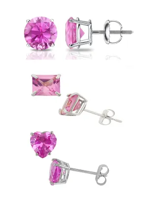 18k White Gold Plated 1Cttw 7mm Created Pink Sapphire 3 Pair Round, Square and Heart Stud Earrings