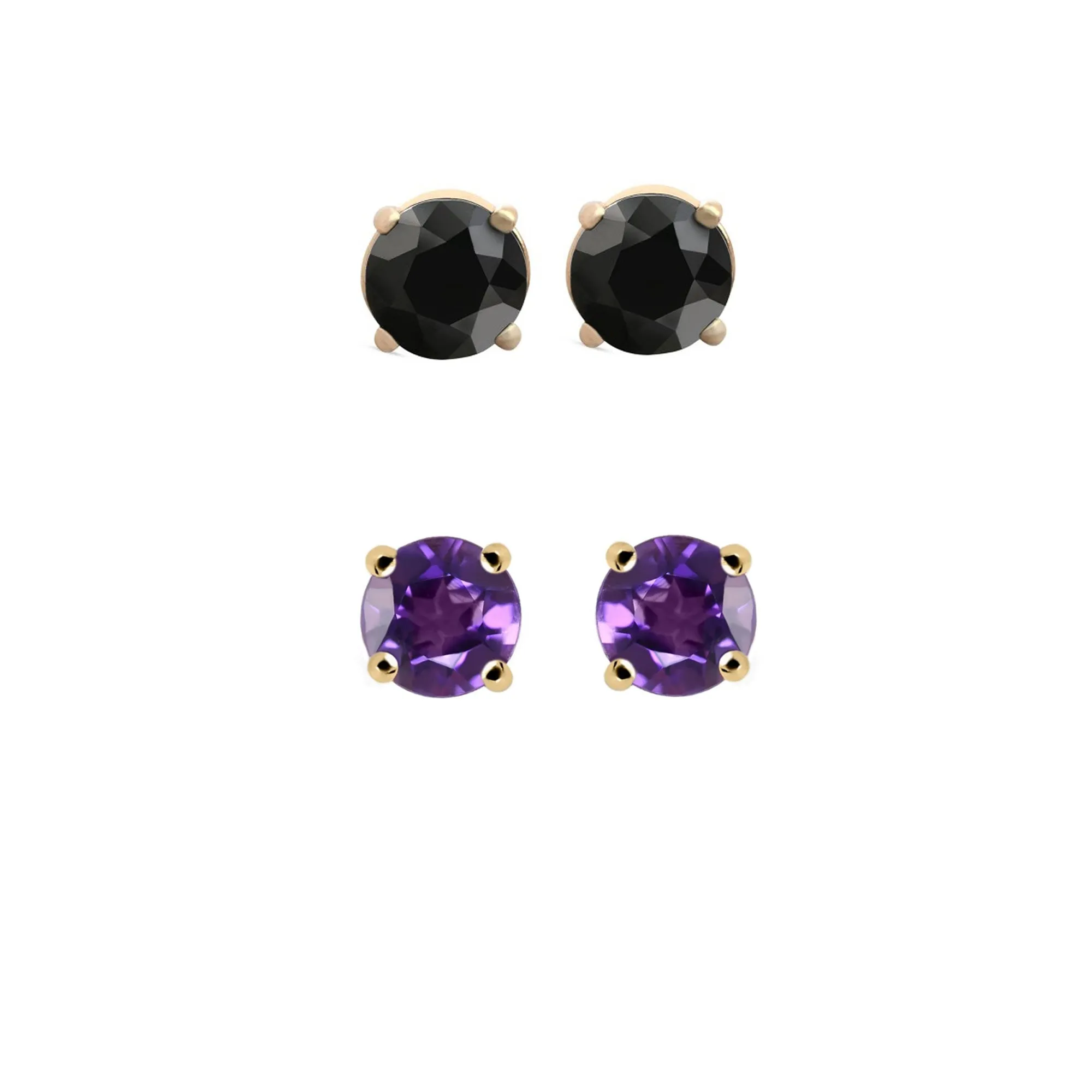 18k Yellow Gold Plated 1Ct Created Black Sapphire and Amethyst 2 Pair Round Stud Earrings