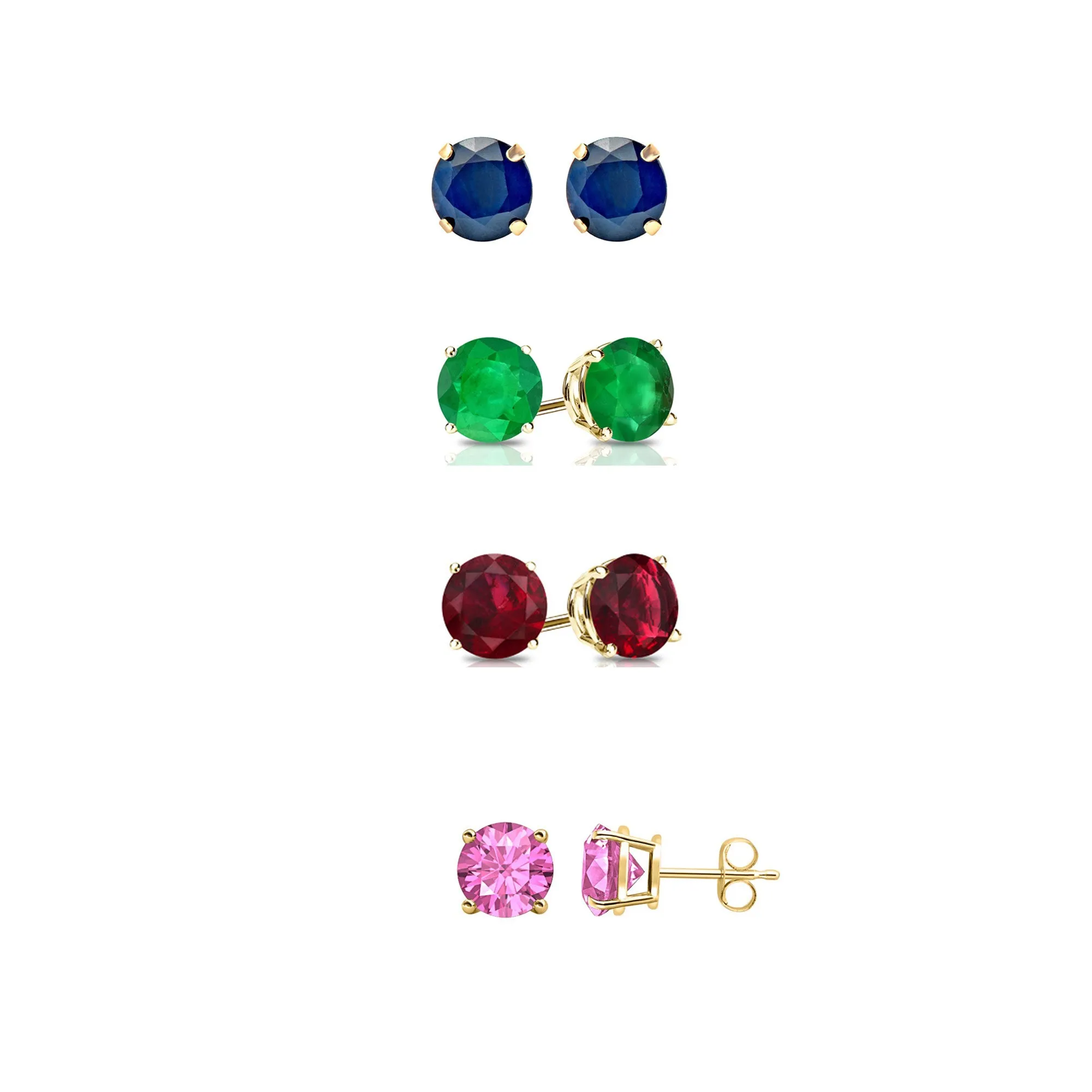 18k Yellow Gold Plated 3Ct Created Blue Sapphire, Emerald, Ruby and Pink Sapphire 4 Pair Round Stud Earrings