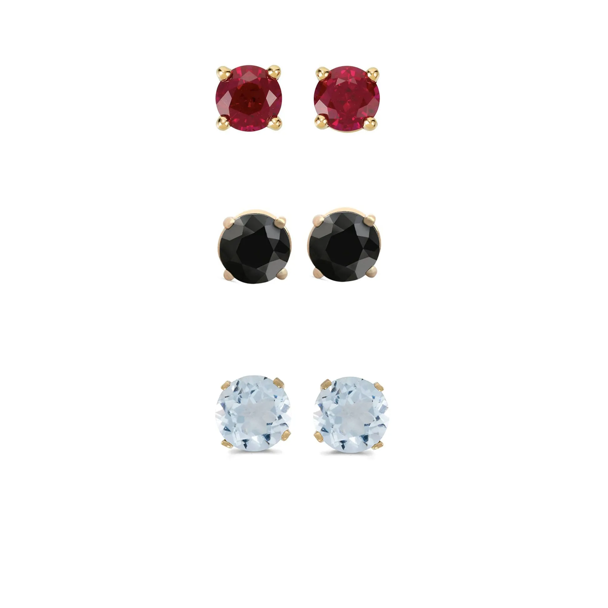 18k Yellow Gold Plated 3Ct Created Garnet, Black Sapphire and Aquamarine 3 Pair Round Stud Earrings