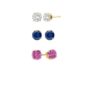 18k Yellow Gold Plated 4Ct Created White Sapphire, Blue Sapphire and Pink Sapphire 3 Pair Round Stud Earrings