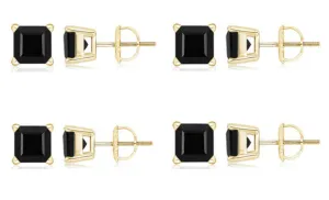 18k Yellow Gold Plated Created Black Sapphire 3Carat Square Cut Pack of Four Stud Earrings