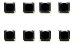 18k Yellow Gold Plated Created Black Sapphire 4 Carat Princess Cut Pack of Four Stud Earrings