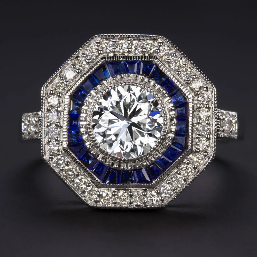 1ct GIA CERTIFIED G SI2 DIAMOND SAPPHIRE RING VINTAGE STYLE TARGET HALO COCKTAIL