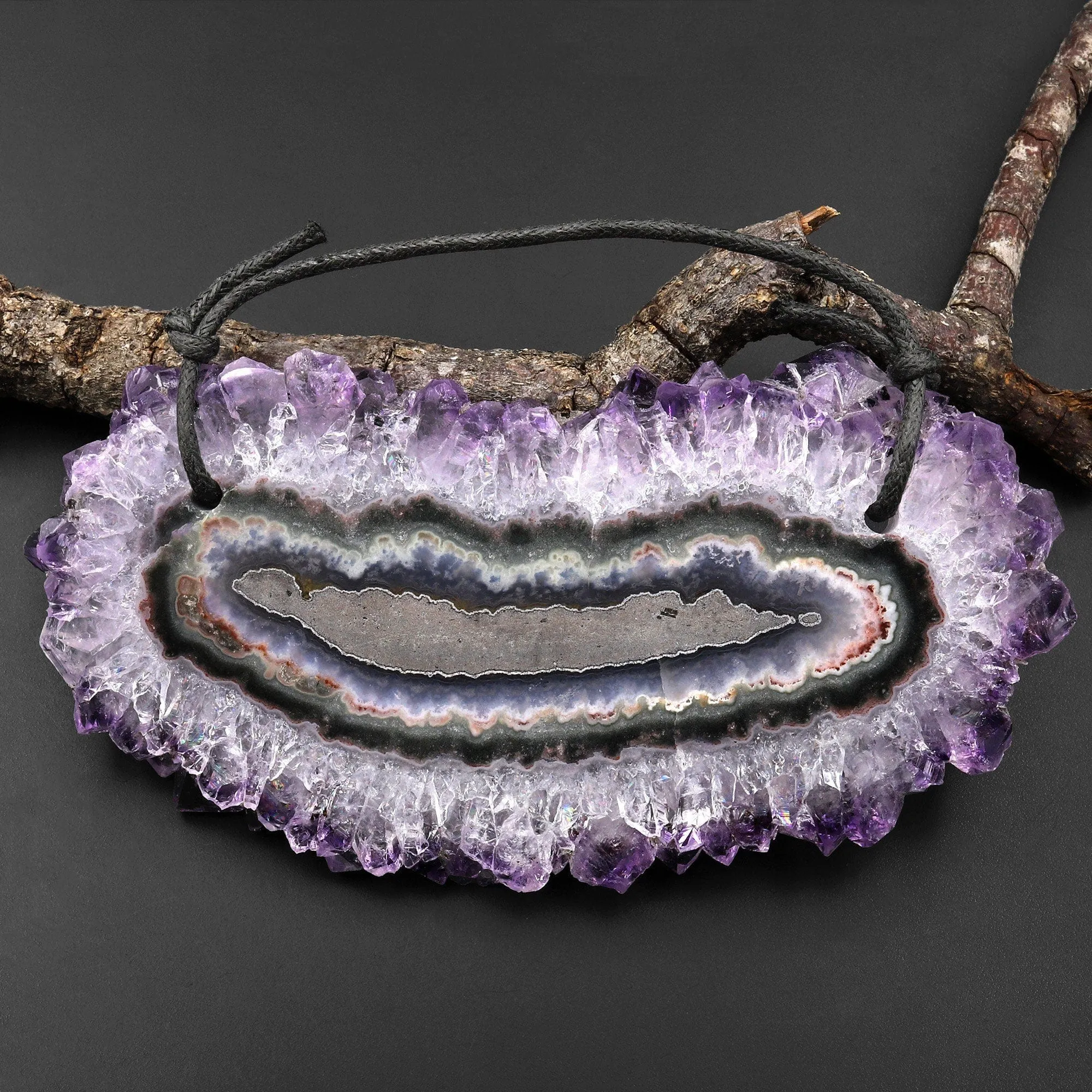 2 Hole Pendant Natural Amethyst Stalactite Flower Pendant Flat Slice Freeform One of a Kind P0185