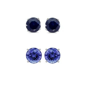 24k White Gold Plated 2Ct Created Black Sapphire and Tanzanite 2 Pair Round Stud Earrings