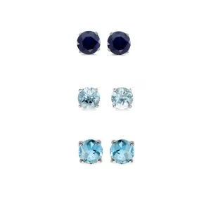 24k White Gold Plated 3Ct Created Black Sapphire, Aquamarine and Blue Topaz 3 Pair Round Stud Earrings