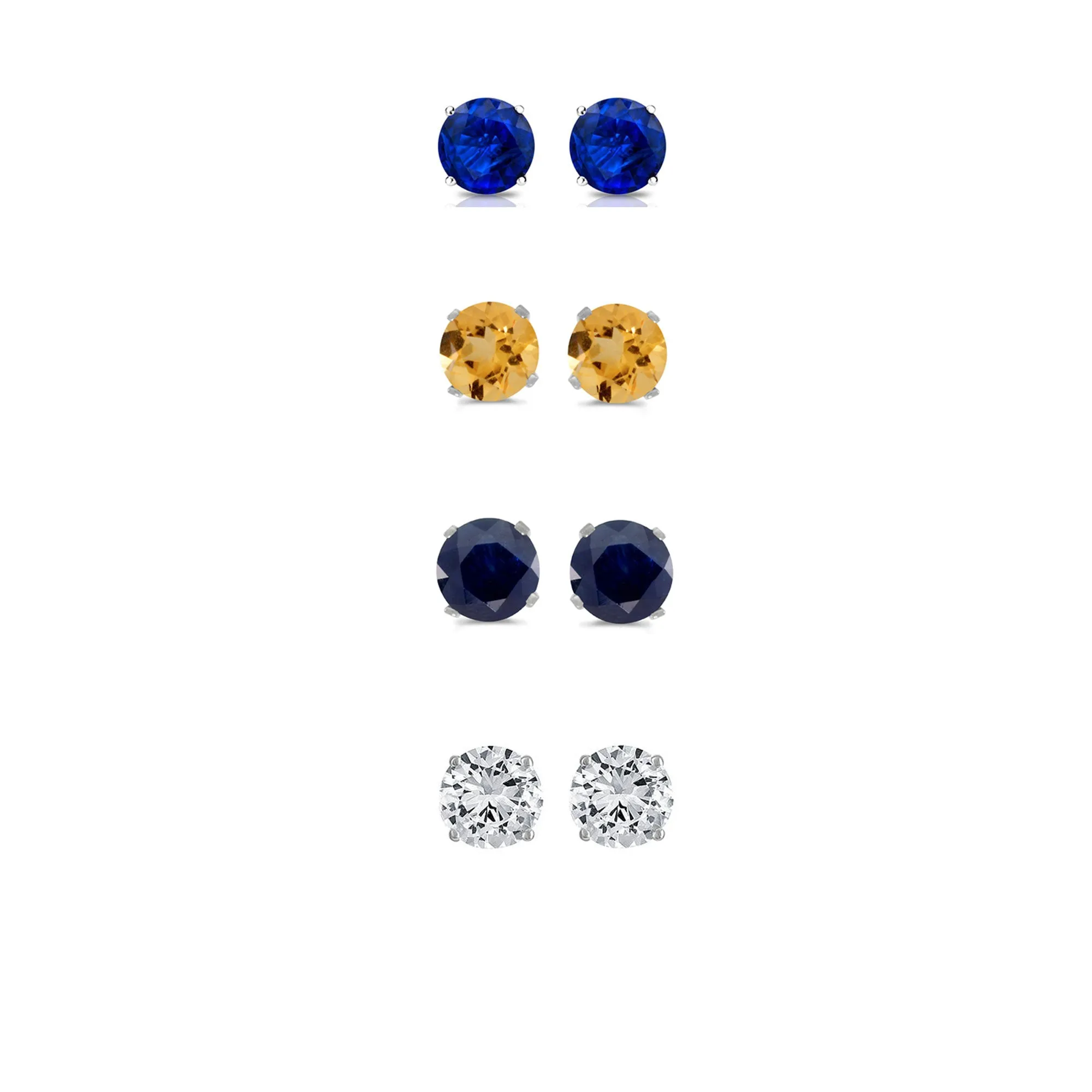 24k White Gold Plated 3Ct Created Blue Sapphire, Citrine, Black Sapphire and White Sapphire 4 Pair Round Stud Earrings