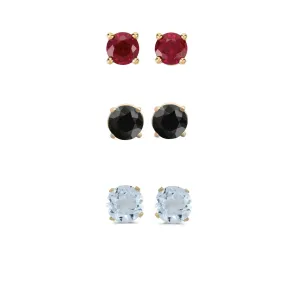 24k Yellow Gold Plated 1Ct Created Garnet, Black Sapphire and Aquamarine 3 Pair Round Stud Earrings