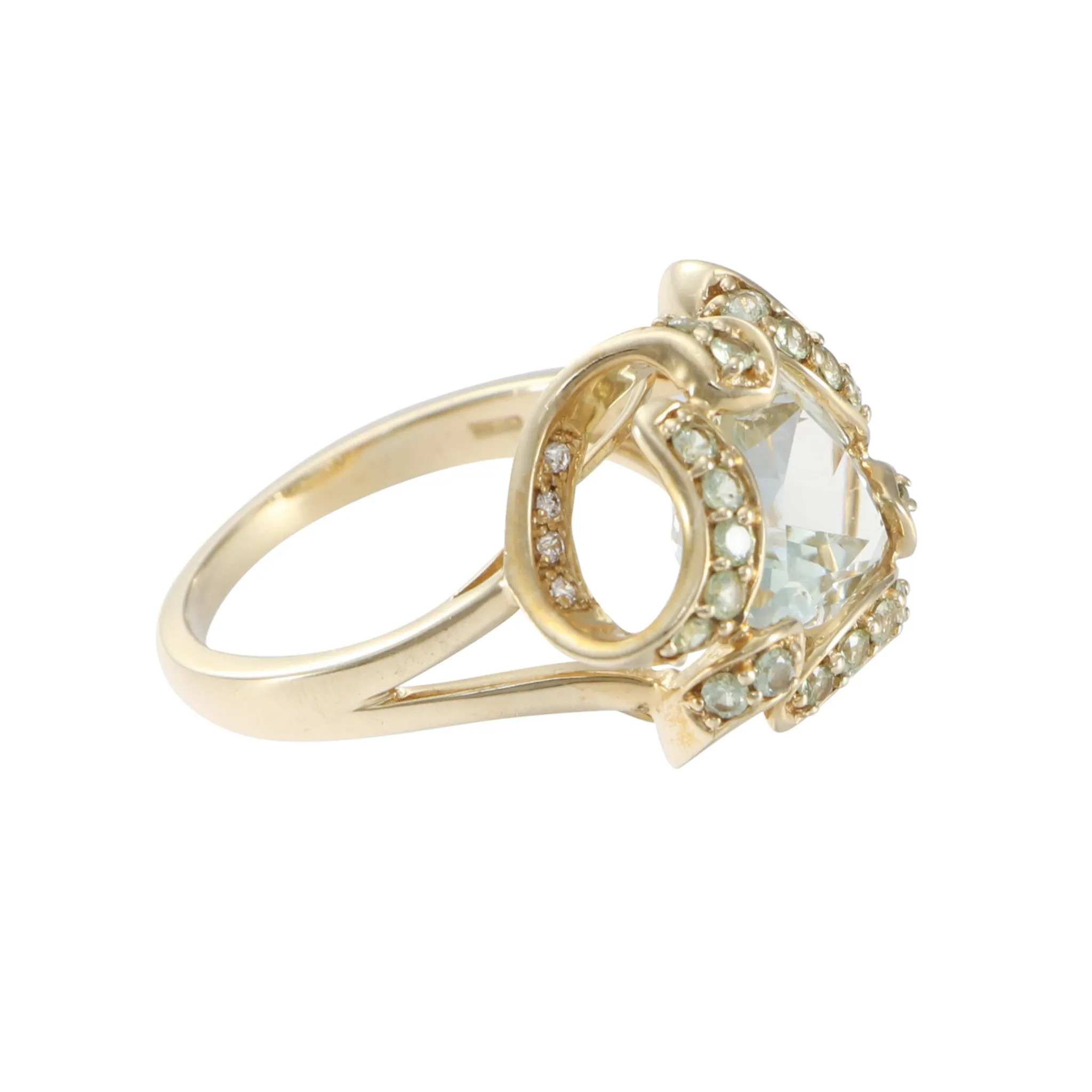 4.04CTW Trillion Prasiolite Diamond Cocktail Ring 14k Yellow Gold Open Heart