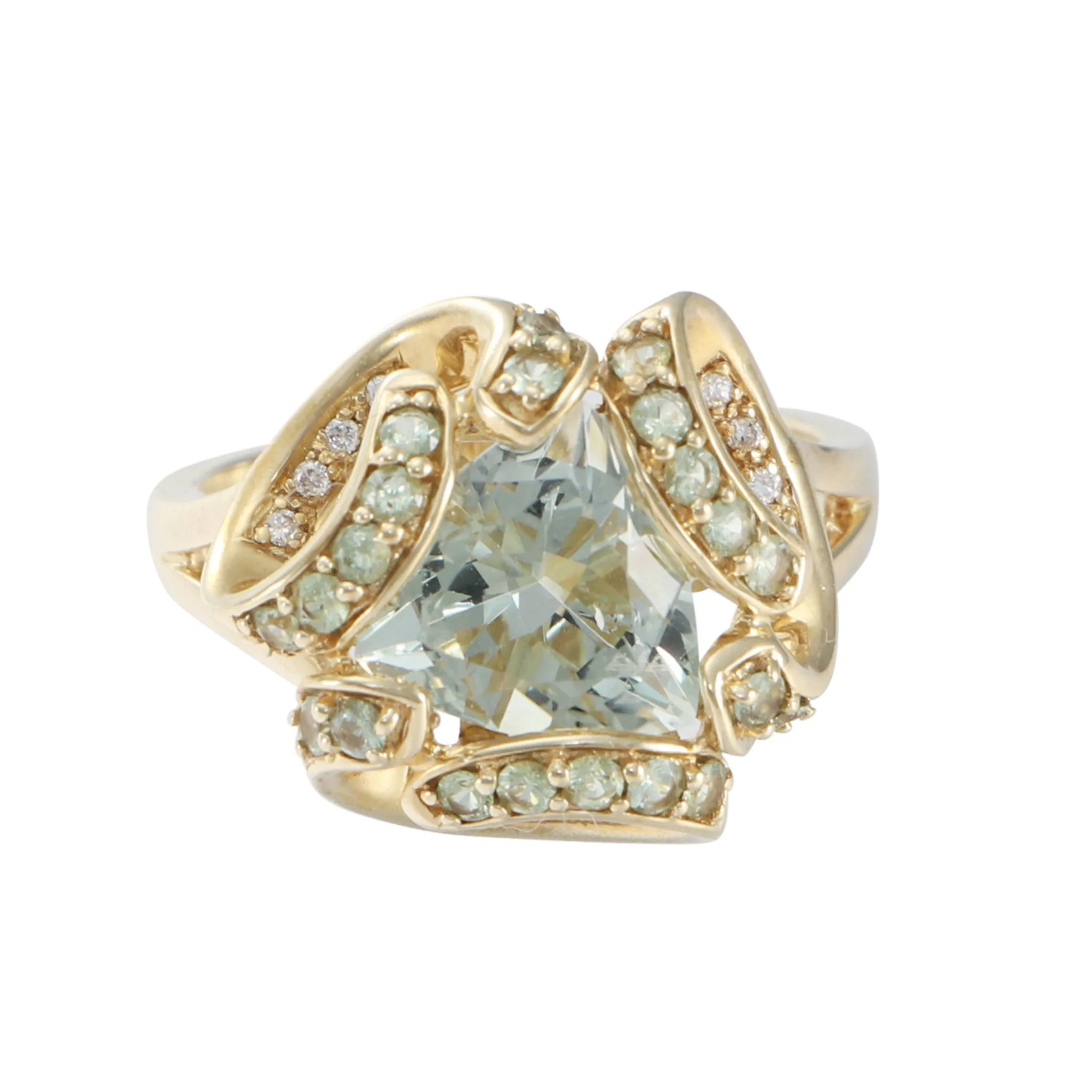 4.04CTW Trillion Prasiolite Diamond Cocktail Ring 14k Yellow Gold Open Heart