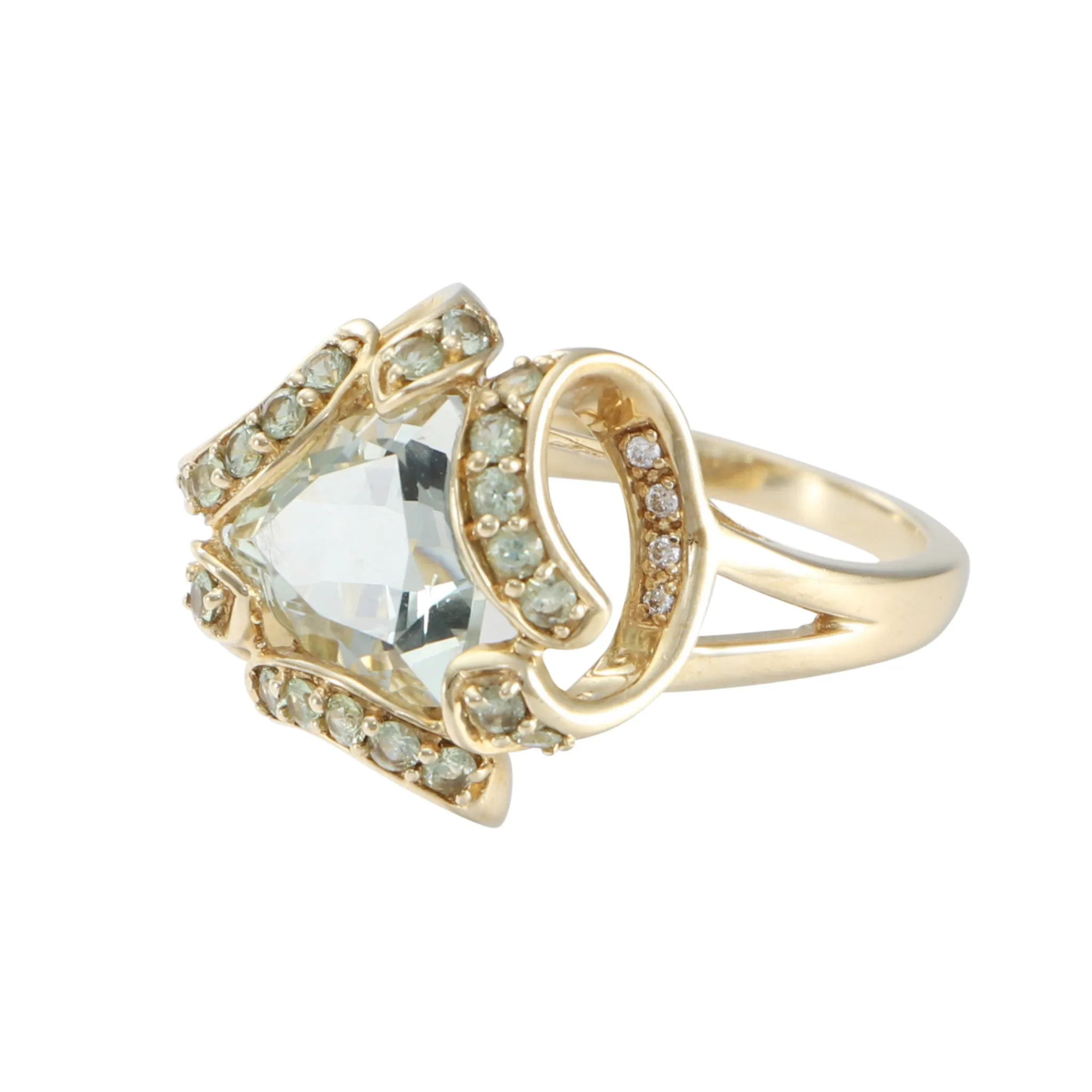 4.04CTW Trillion Prasiolite Diamond Cocktail Ring 14k Yellow Gold Open Heart